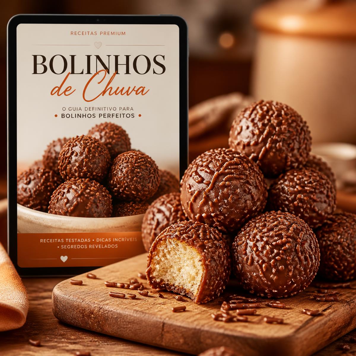 Bolinhos de chuva premium banhados em chocolate ao lado do ebook