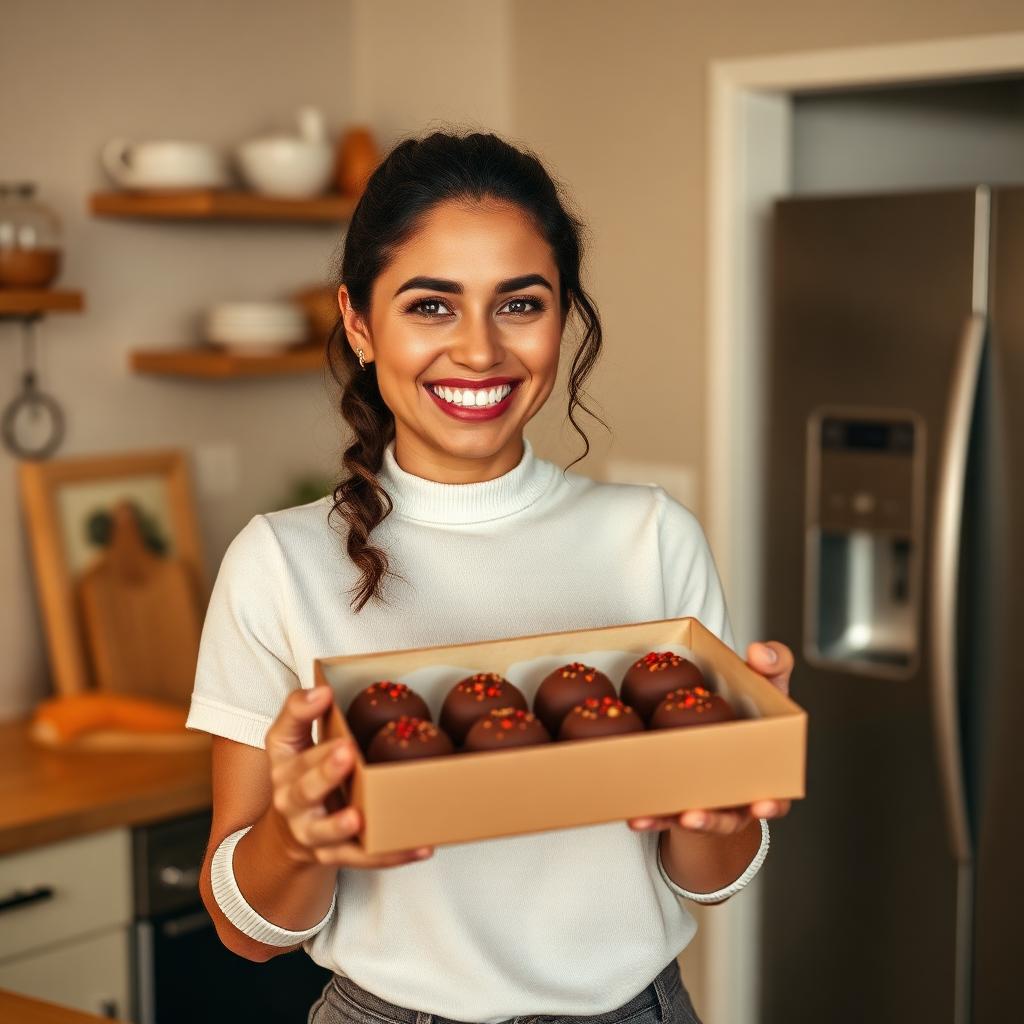 Empreendedora feliz com caixa de bolinhos de chuva gourmet